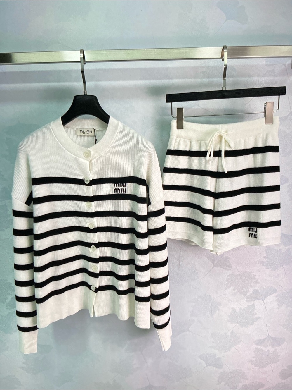 Miu Miu Knit Co-Ord Set Button Cardigan Drawstring Shorts Only Tried-On